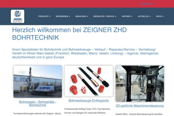 Zeigner ZHD Bohrtechnik präsentiert überarbeitete Website mit klarem Fokus auf Praxis, Service und Bohrtechnik - Screenshot Website