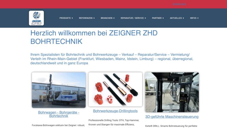 Zeigner ZHD Bohrtechnik präsentiert überarbeitete Website mit klarem Fokus auf Praxis, Service und Bohrtechnik - Screenshot Website